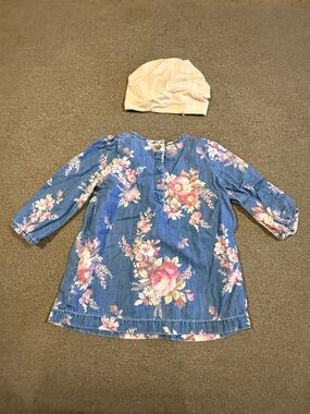 GAP Blue Floral Denim Dress with Pink & Cream Blooms 6-12mo